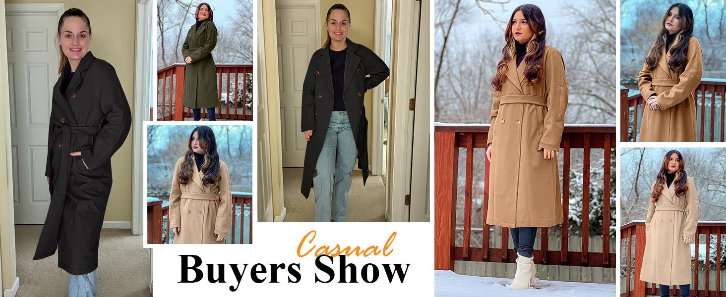 Danedvi Women Elegant Wool Pea Coat Lapel Collar Double Breasted Mid-Long Winter Overcoats with Belted Pockets