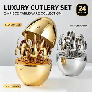Luxury 24-Piece Stainless Steel Cutlery Set, Eggshell Storage Box, Tableware Sets, Fork Spoon Knife Set, Home Western Dining Table Decor Gift Box