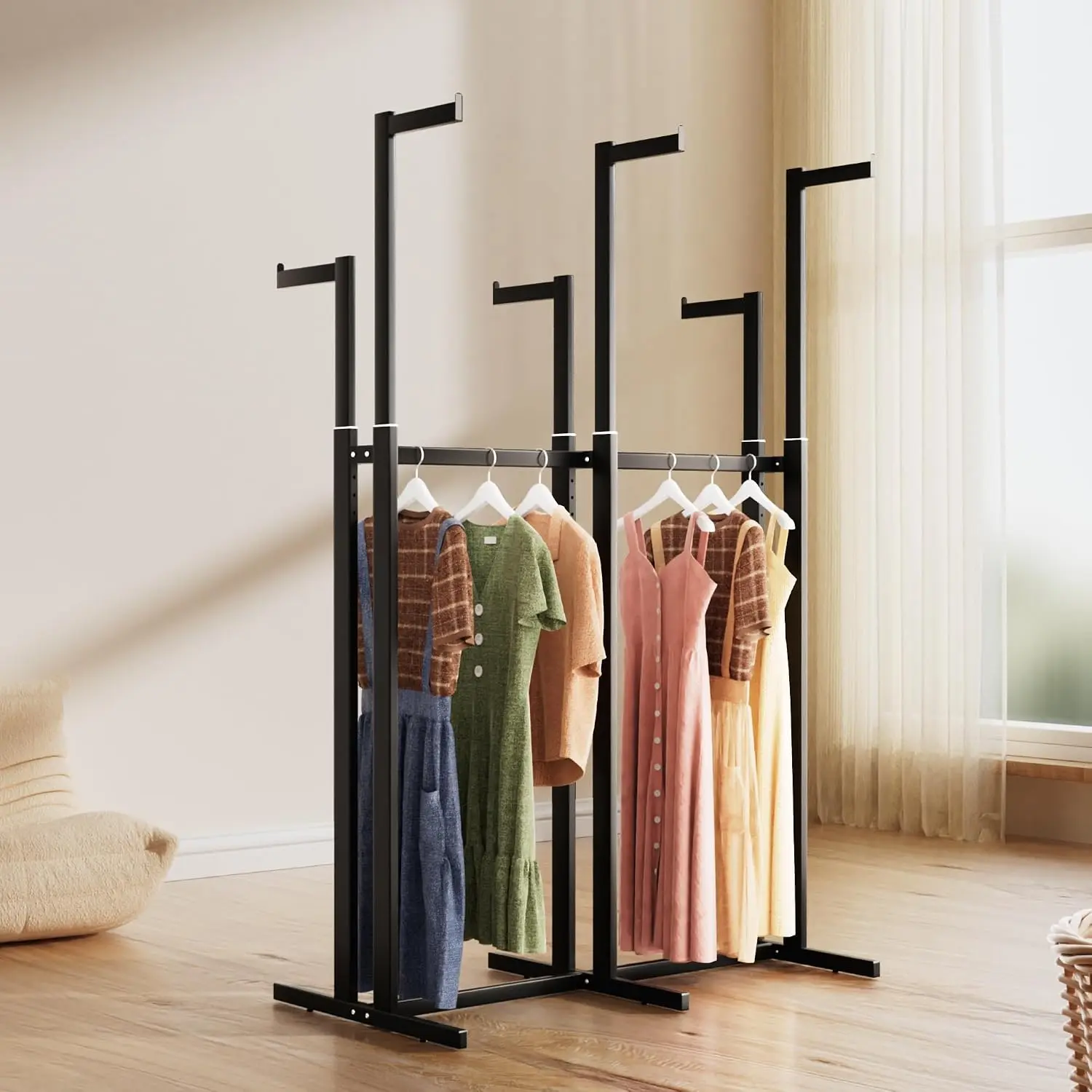 Retail Clothing Rack with Wheels, Heavy Duty 6-Arm Commercial Garment Rack | Adjustable Height 45.7 to 61in, Wrought Iron Free Standing Retail Display Racks with Leveling  for Boutique Store, Black