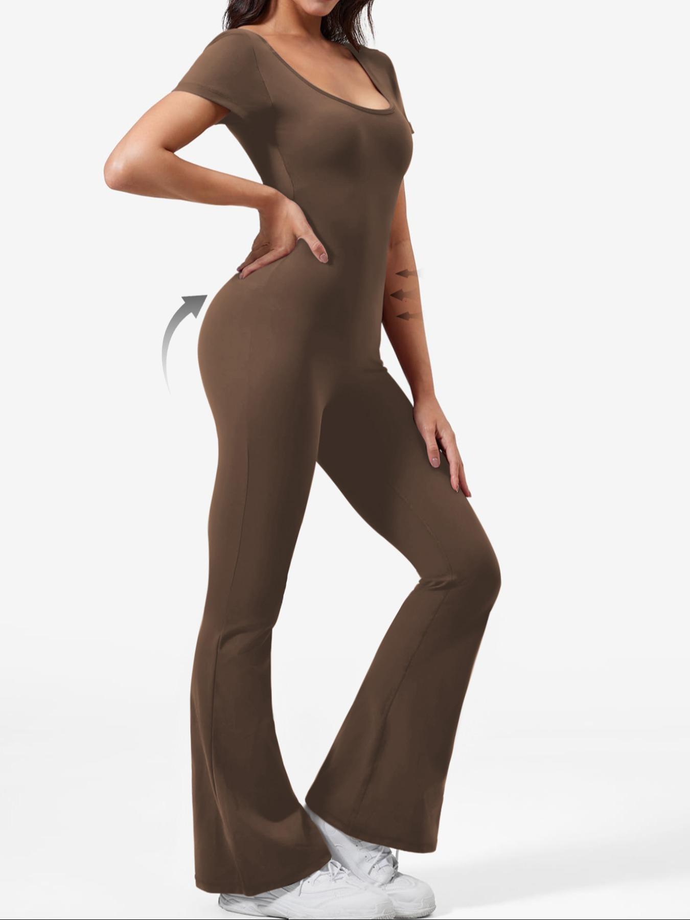Women's Solid Cut Out Backless Flare Leg Sports Jumpsuit, Sporty Square Neck Ruched Bell Bottom Tummy Control Jumpsuit for Yoga Gym Workout, Ladies Sportswear for All Seasons