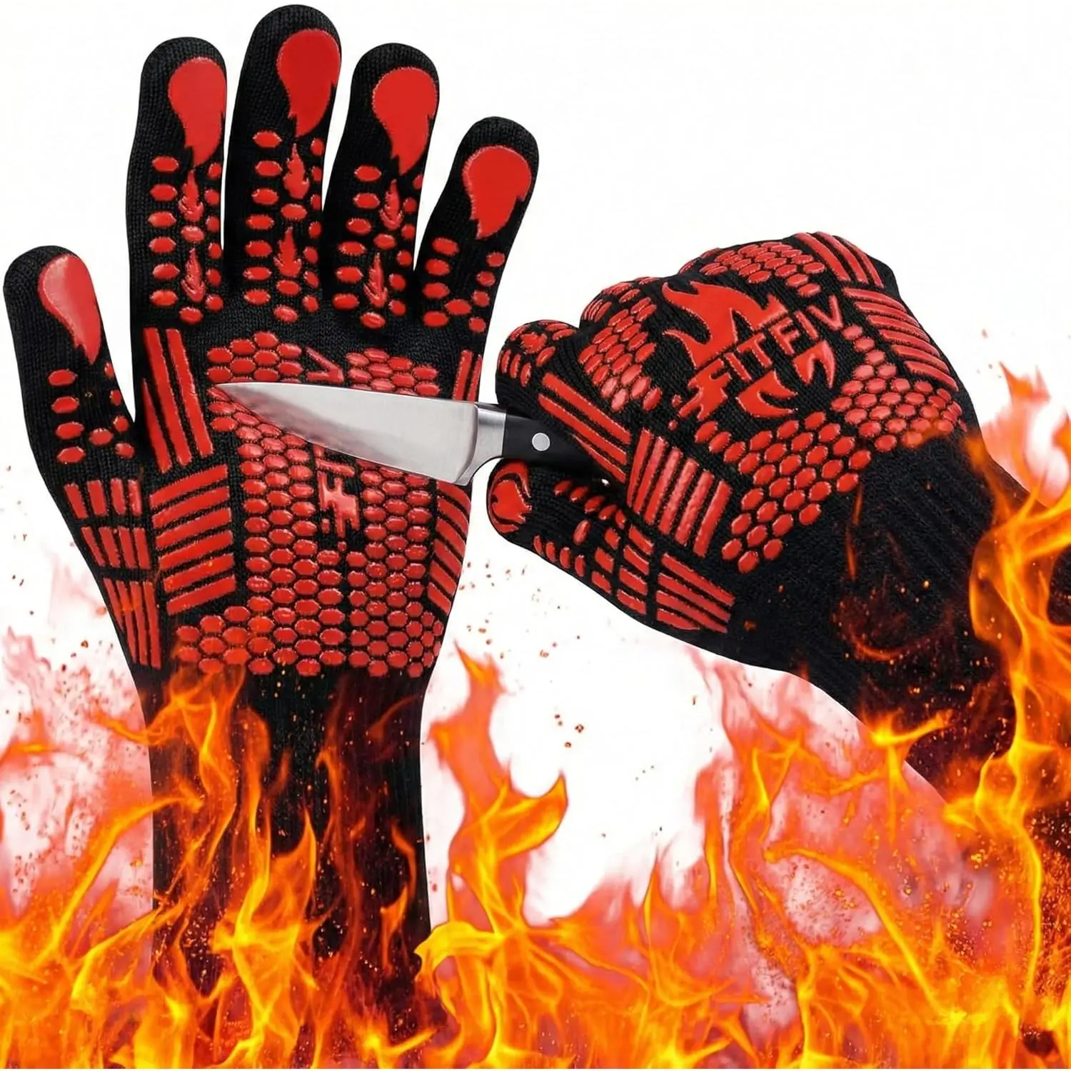 BBQ Gloves, Oven Gloves, 1472°F  Heat Resistant Barbecue Gloves,  Non-Slip Oven Mitts, Kitchen for Cooking, Grilling, and Baking