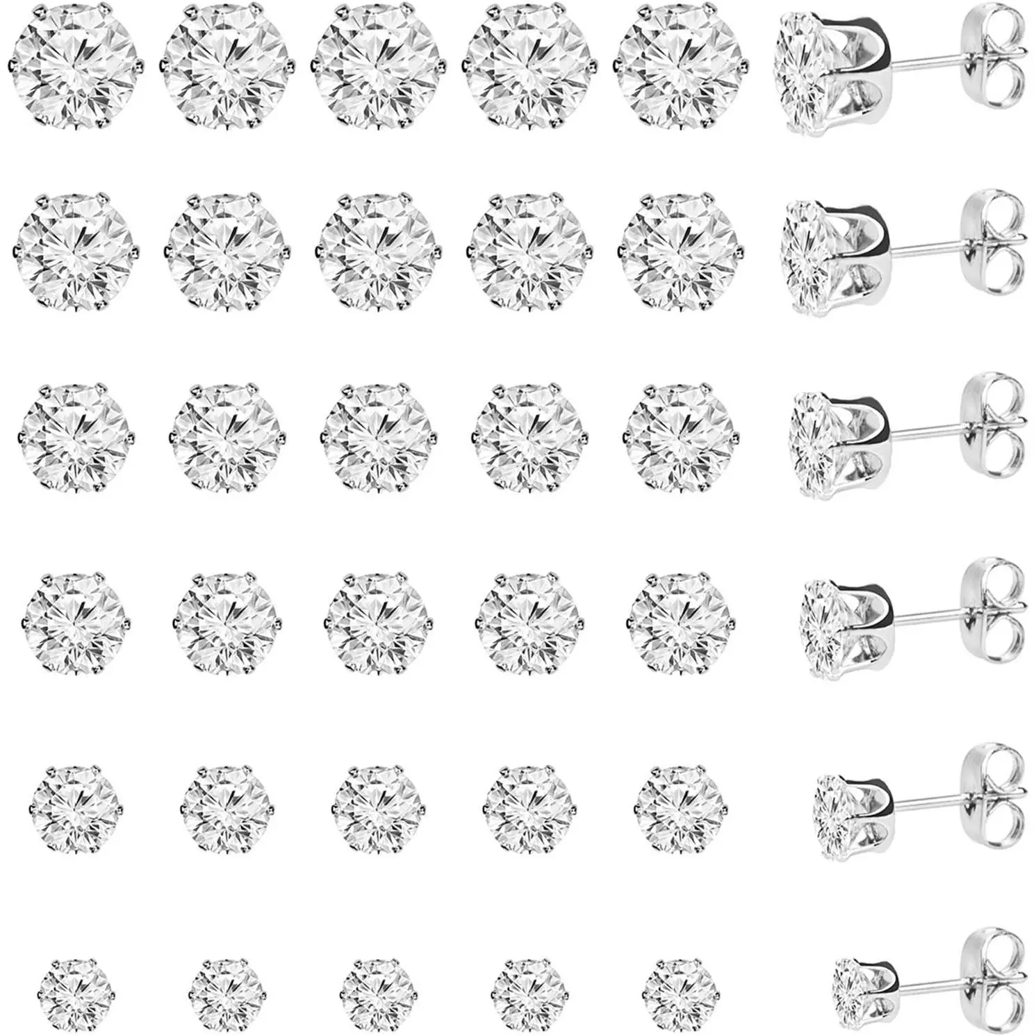 60 Pack Cubic Zirconia Stud Earring, 6 Sizes Round Clear Earring Studs Set for Women and Men (60 Pack, 30 Pairs)