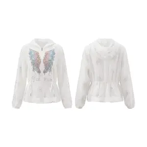 TCH wing hot diamond waist cinching lightweight hooded jacket for women, 2026 summer new sweet and cool style long sleeved sunshade cover