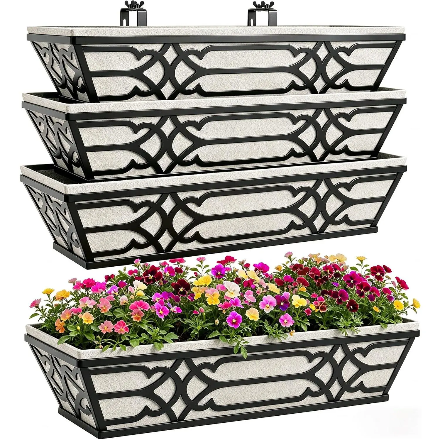 Window Planter Box, Railing Planter Box with Non-Woven Fabric Liners, 4 Pack 24"  Flower Baskets for Outdoor , Metal Deck Railing Planters with Adjustable Brackets, Apartment Balcony