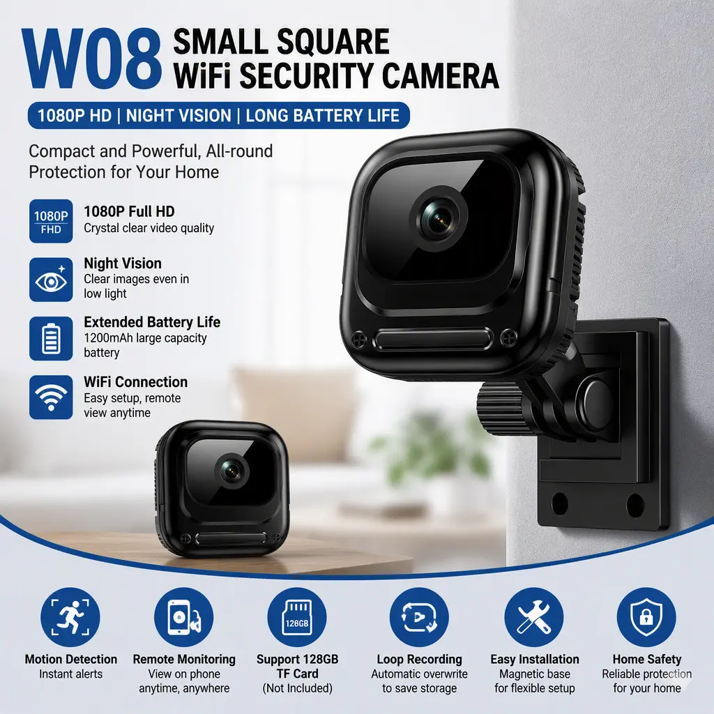 Cross‑border W08 Small Square WiFi Security Camera, 1080P HD Night Vision Mini Home Camera with Extended Battery Life for Home Safety Monitoring