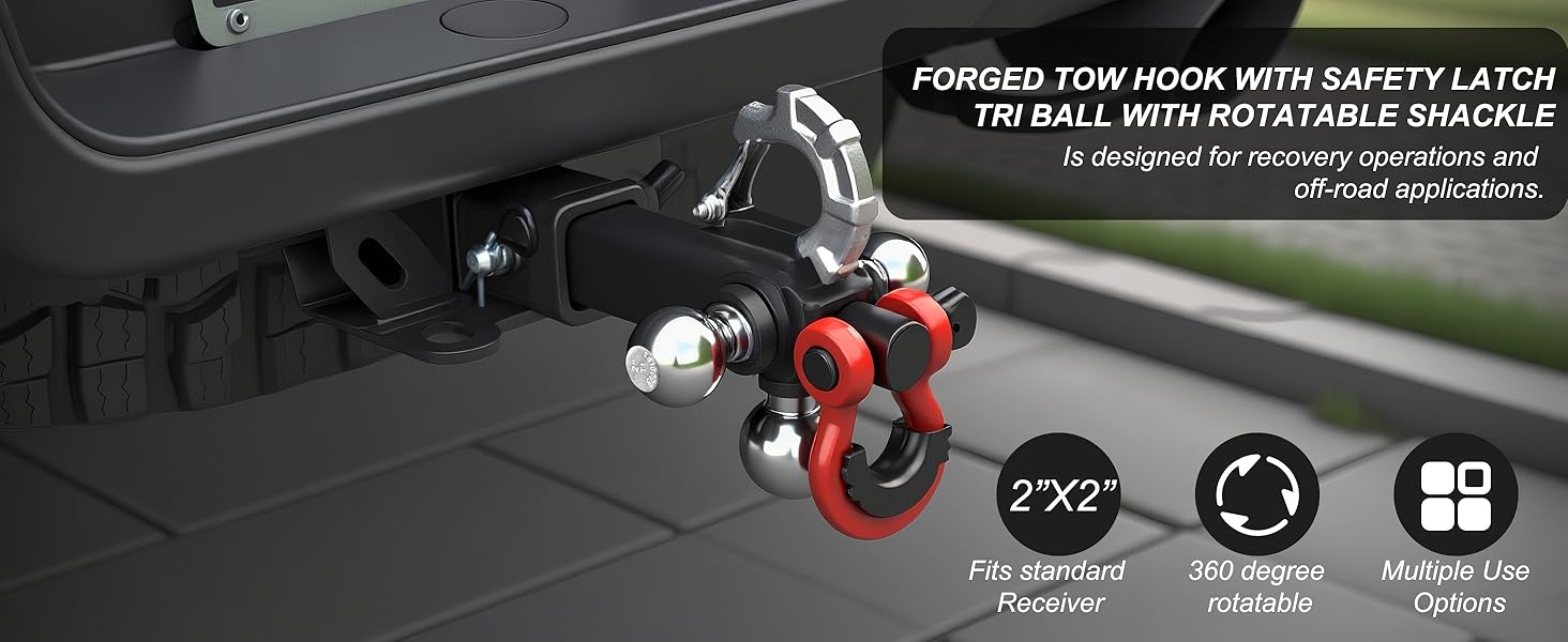 Trailer Hitch Tri-Ball Mount: with Swivel Tow Shackle and Tow Hook, fits for 2-inch Receiver, Chrome Trailer Ball Size 1-7/8", 2