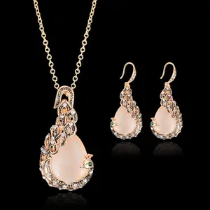 Bridal jewelry set peacock gemstone necklace earrings cat's eye stone jewelry for women