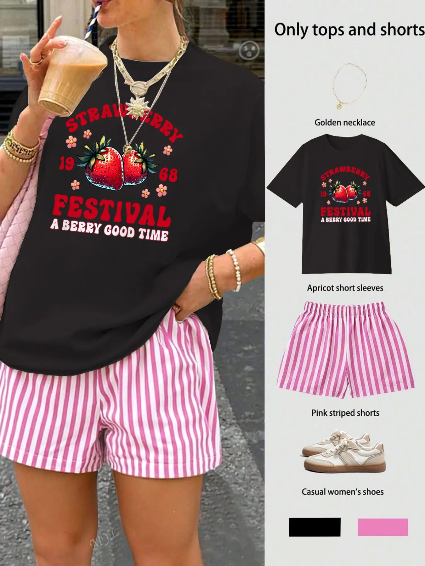 Strawberry Festival 1968 Graphic Two-Piece Set Women Y2K Coquette Streetwear Casual Loungewear Soft Cotton Oversized Black Tee Pink Striped Shorts Summer Beach Vacation Daily Outfit TikTok OOTD Cozy Lounge Street Style Aesthetic Summer Essentials Viral Ti