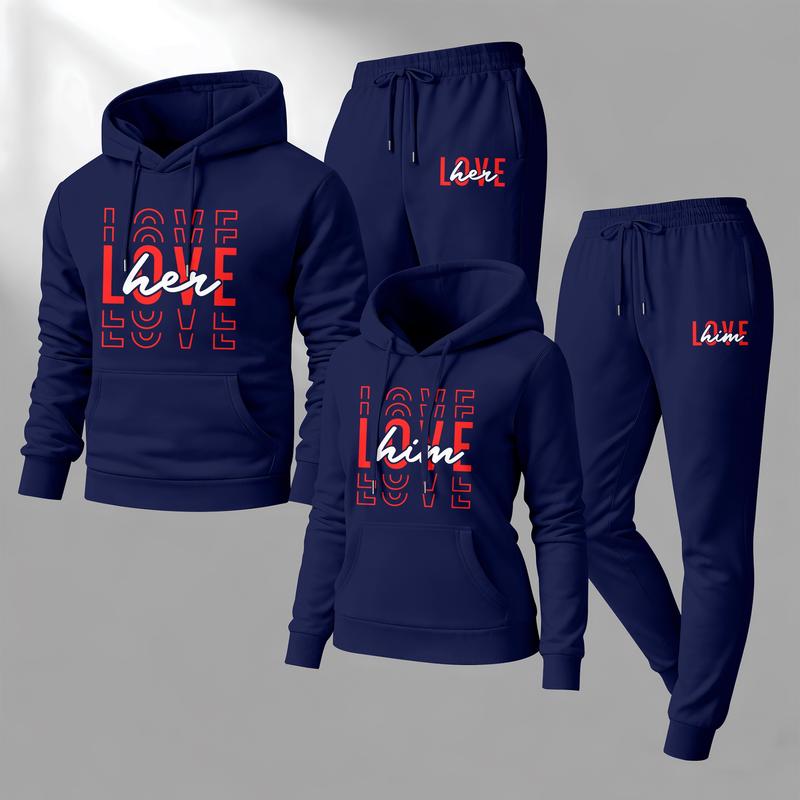 Couple's “LOVE her” and “LOVE him” Print Hoodie and Sweatpants Set, Casual Sportswear, Long-Sleeve Hooded Jacket and Pants, Suitable for Autumn, Winter, and Spring, Everyday Wear, Tracksuit