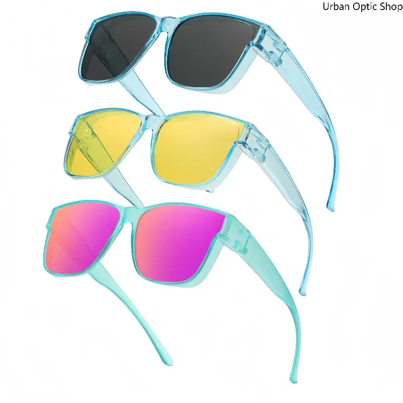 3pcs Fashion Flip-Up Fit-Over Sunglasses, Transparent Light Blue Frame, Dark Night Vision Mirrored Lens, UV400 Protection, Dual-Use for Myopia Glasses Wearers, Ideal for Daily Driving & Outdoor Use, Trendy Styling Sunglasses, Modern Trendy Sunglasses
