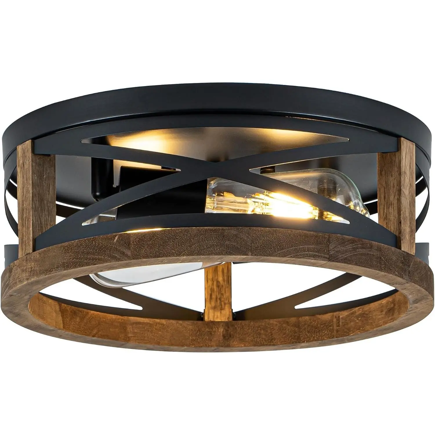 Farmhouse Ceiling Light, 2-Light Round Flush Mount Ceiling Light with Wood and Metal Frame, Black Rustic Light Fixture for Hallway, Entryway, Bedroom, Kitchen