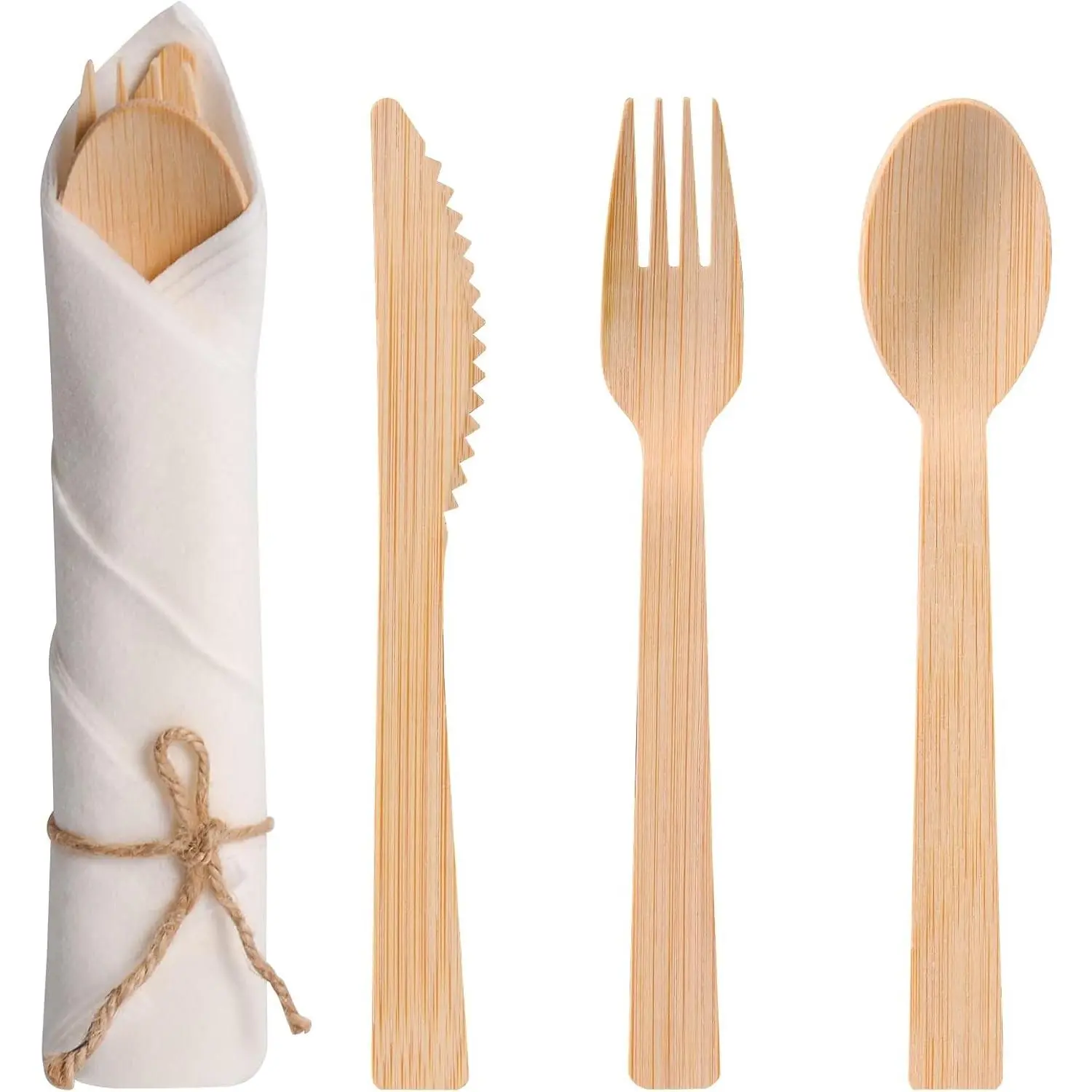 Pre Rolled Napkin and Bamboo Cutlery Set - 50Pack Bamboo Utensils/Compostable Cutlery(50 Forks, 50 Knives, 50 Spoons, 50 Napkins), Biodegradable Wrapped Cutlery for Party, Wedding, Events