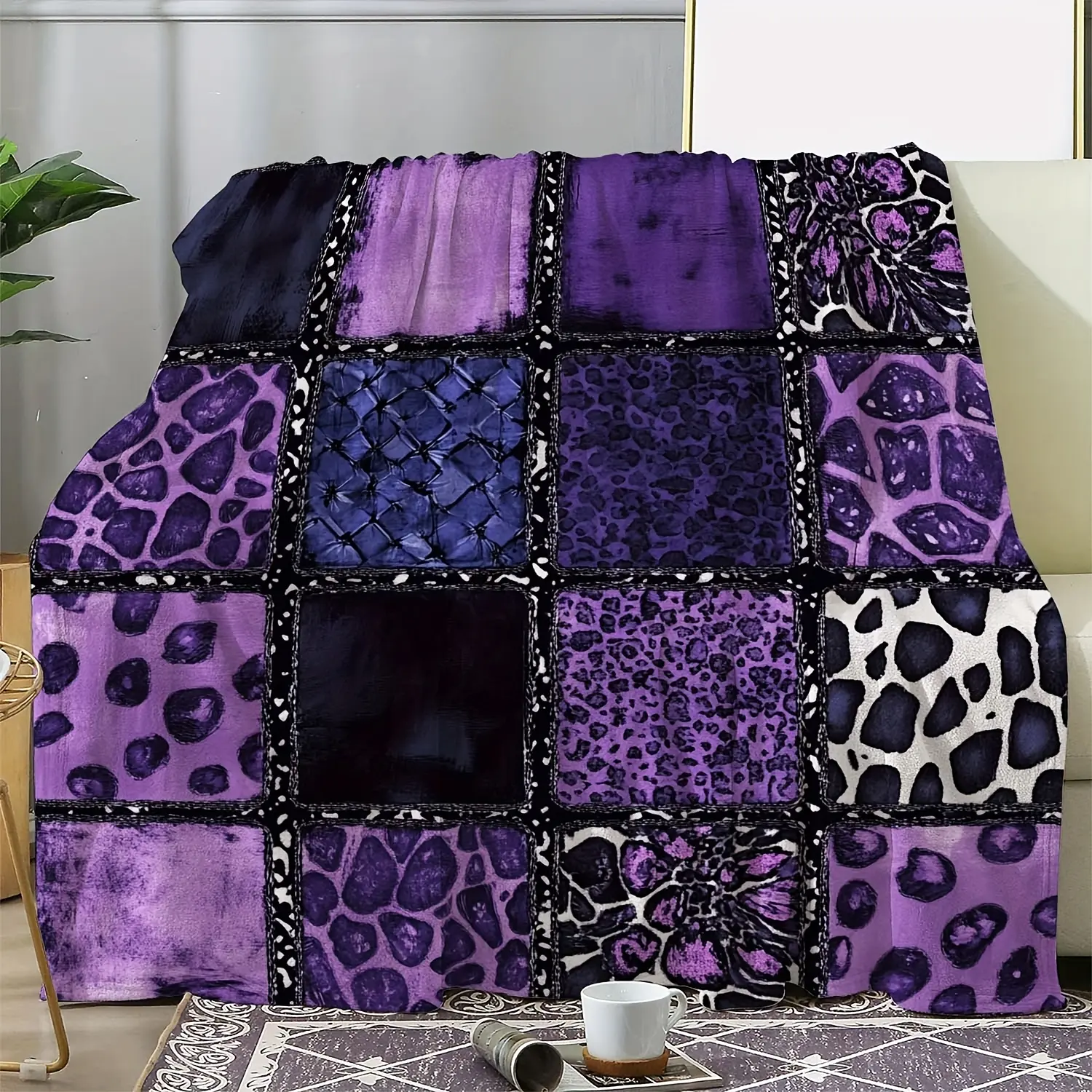 1pc [Everyday Comfort]Luxury Plush Flannel Throw Blanket with Vibrant Purple Leopard Stitching - Soft, Warm And Cozy for Sofa, Car, Office, Camping And Travel - Ideal All-Season Gift,comfortable,Christmas,amazing,living,Color-Fillable,deco,napp,,,p,father