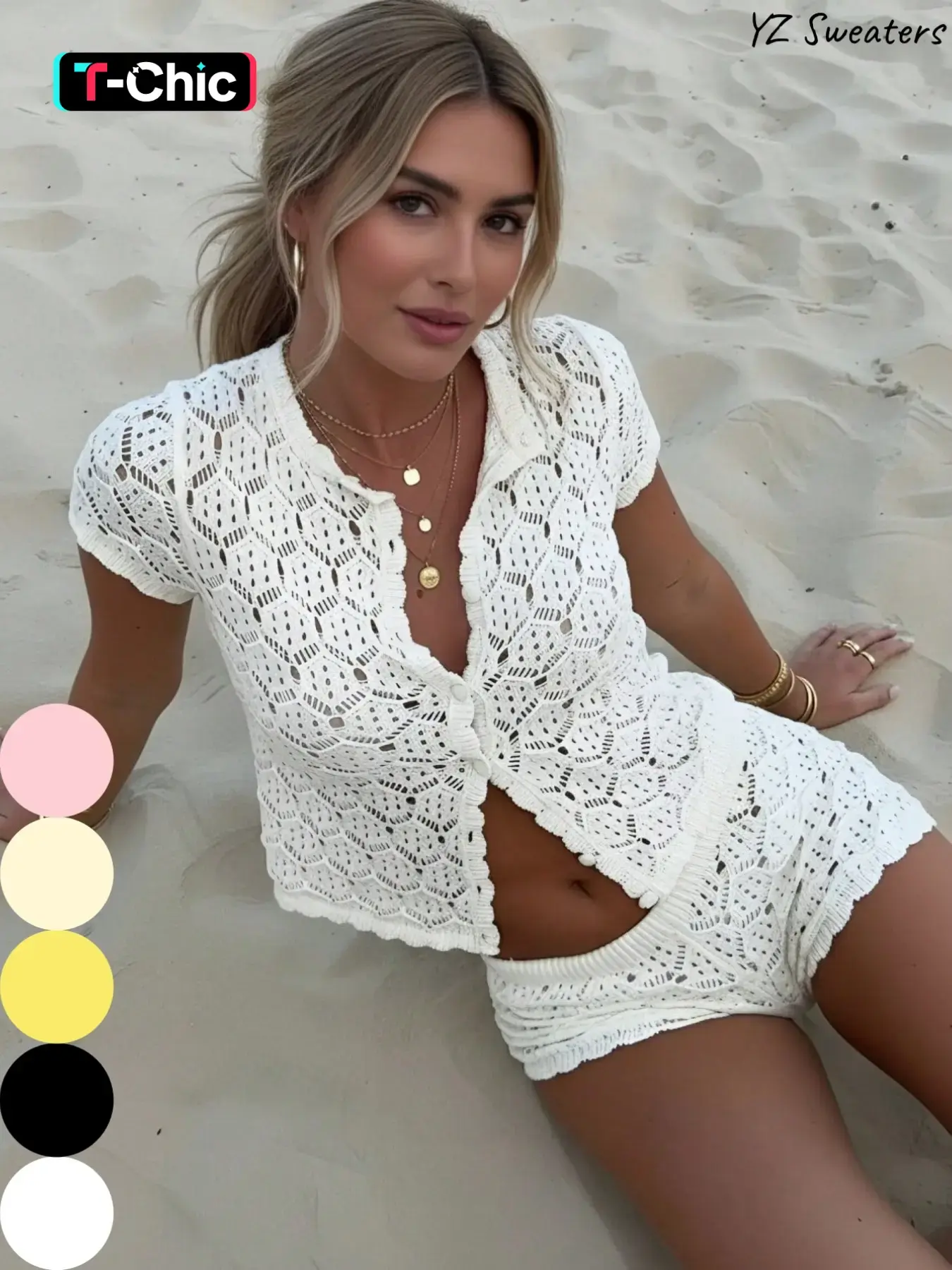 Women's Casual Summer Two-Piece Set, Breathable Knitted Sweater Top and Shorts Beachwear, Holiday Clothing, Ladies' Fashion Outfit Ensemble Slim, Basic, Matching