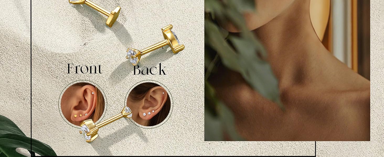 CASSIECA Flat Back Earrings Studs Hypoallergenic -Gold-Plated Surgical Steel Earring 18G Cartilage Helix Tragus Conch Piercing Jewelry Extended Internal Thread Earrings for Women Men