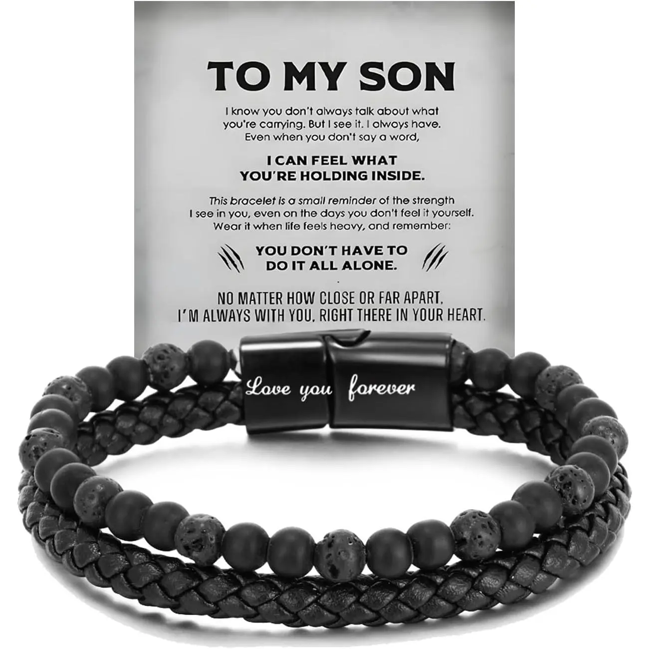The Guardian - Son's Tiger Eye Protection Bracelets For Men, Leather Black Beaded Bangle Engarved With Love You Forever Cuff   for Birthday Christmas