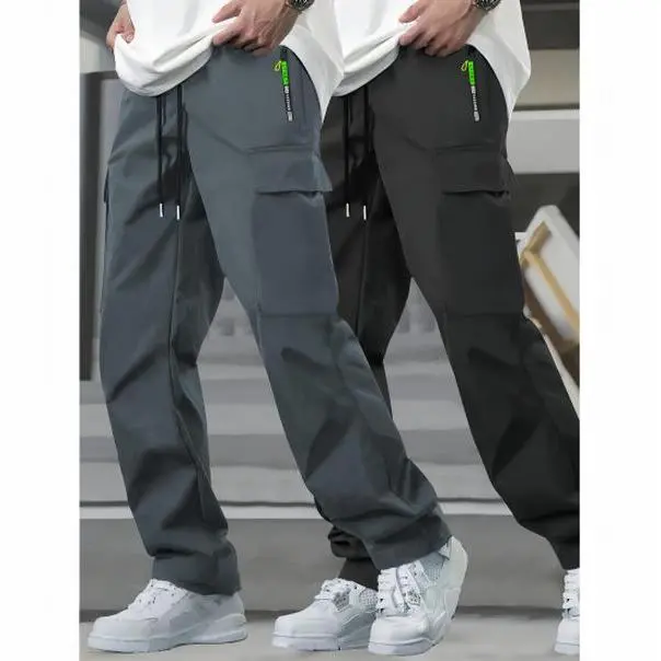 Men's 2-piece multi pocket zipper workwear straight leg pants Drawstring elastic waist outdoor casual sports pants Multi colored versatile functional straight leg pants for daily commuting