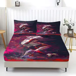 3-Piece Dynamic Football Player Printed Fitted Sheet Set, Football Themed Bedding Set, Soft And Comfortable, 1 Fitted Sheet And 2 Pillowcases, No Padding, Suitable For Bedroom Bedding Set. Fan Gifts