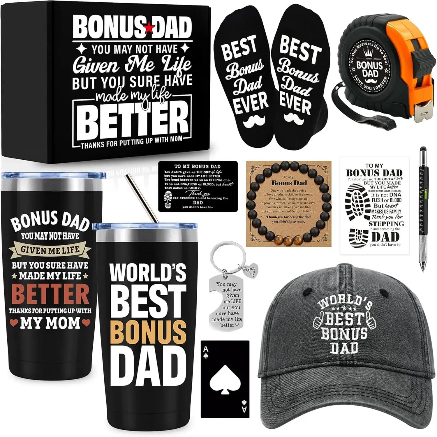 Father Day Gift 11 PCS Best Bonus Dad Ever Gifts with 20 Oz Cap Tape Measure Bracelet Socks Pen, Step Dad Gifts for Christmas Birthday Father's Day Anniversary from Daughter Son