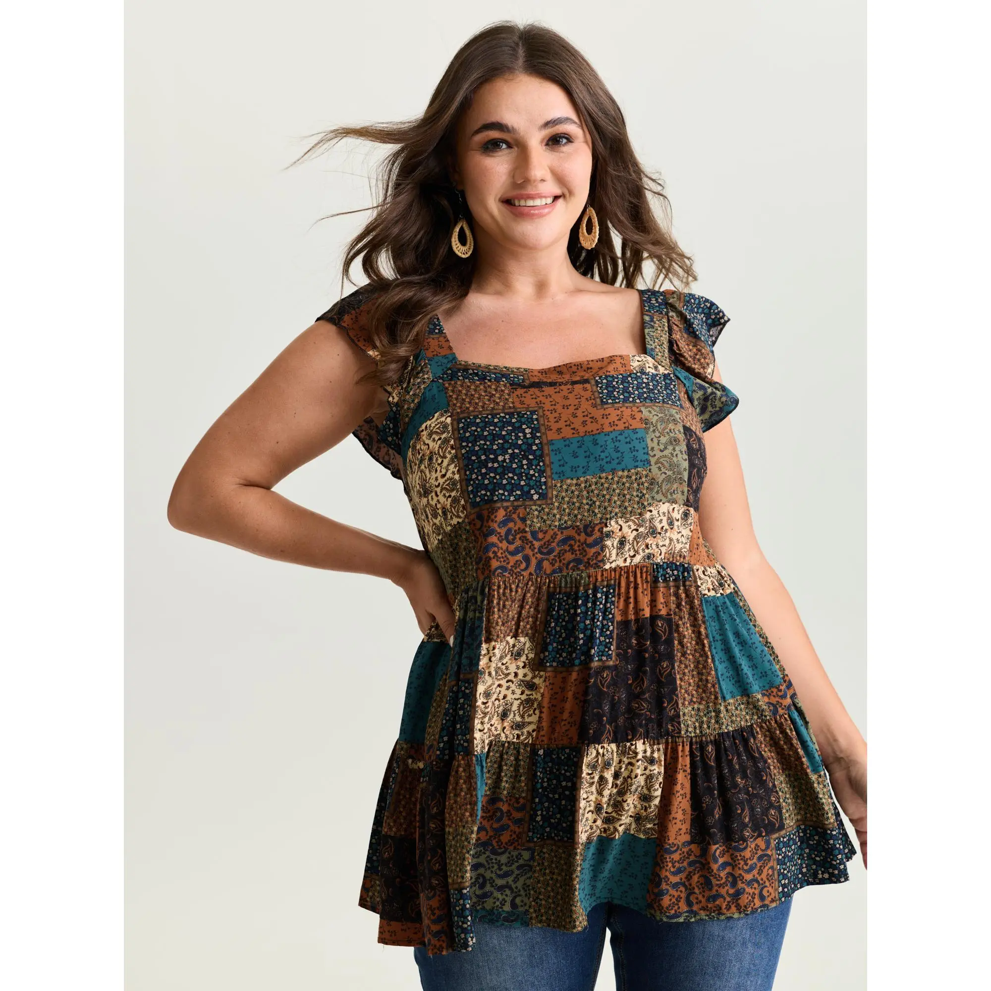 BLOOMCHIC Plus Size Rayon Tank Top [M-6X] - Women's Square Neck Casual Boho Sleeveless Breathable Bohemian Floral Plaid Cute Top for Summer Back to School, SohoChic