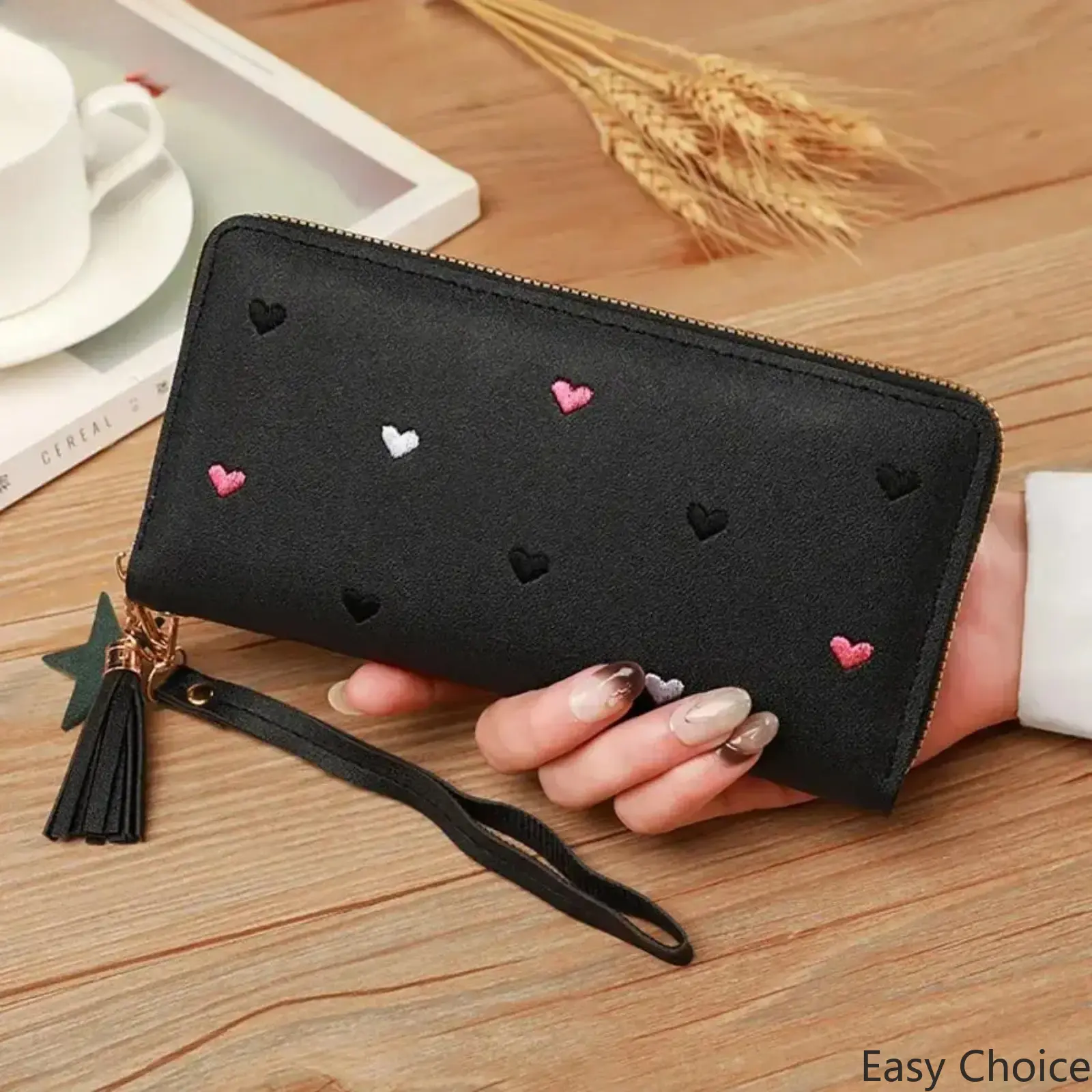 Women Heart Embroidery Long Zip Wristlet Wallet, Soft Faux Leather Large Capacity Card Purse With Star Tassel, Zip Closure Daily Fashion Accessory With Wrist Key Strap