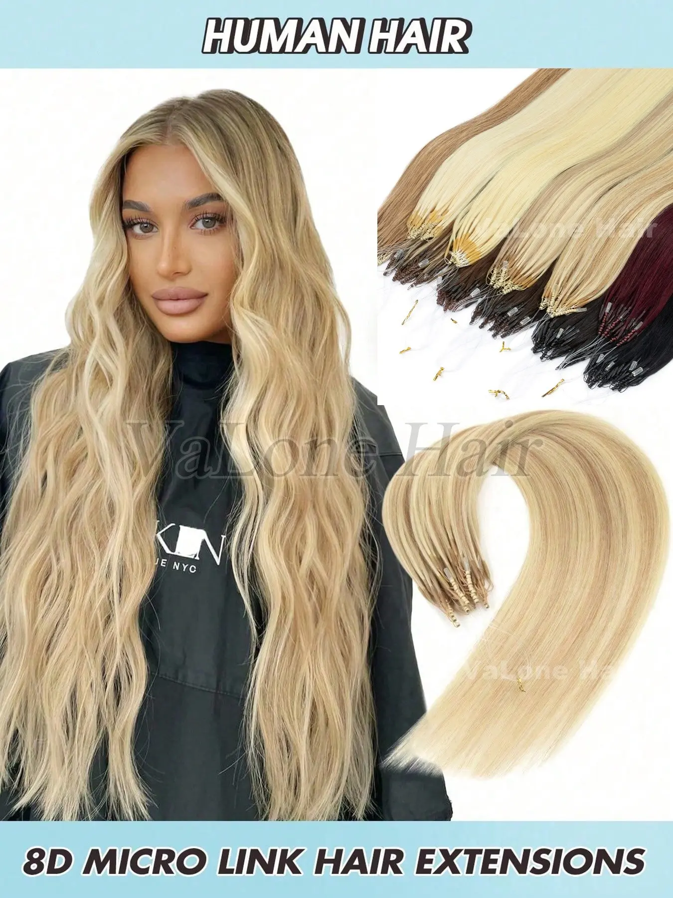 8D Micro Link Hair Extensions, Human Hair Micro Bead Extensions, Straight Platinum Blonde, 50 Strands, Nano Ring, Invisible Mini Silicone Beads, Microbead Hair Extensions