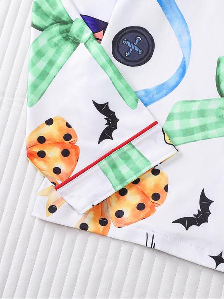 2 pieces of women's Halloween blue hair girl bow, black cat, mouse, bat, spider print, long sleeved pants, pajamas set, top pocket suitable for all seasons, comfortable, energetic, elegant and casual home wear