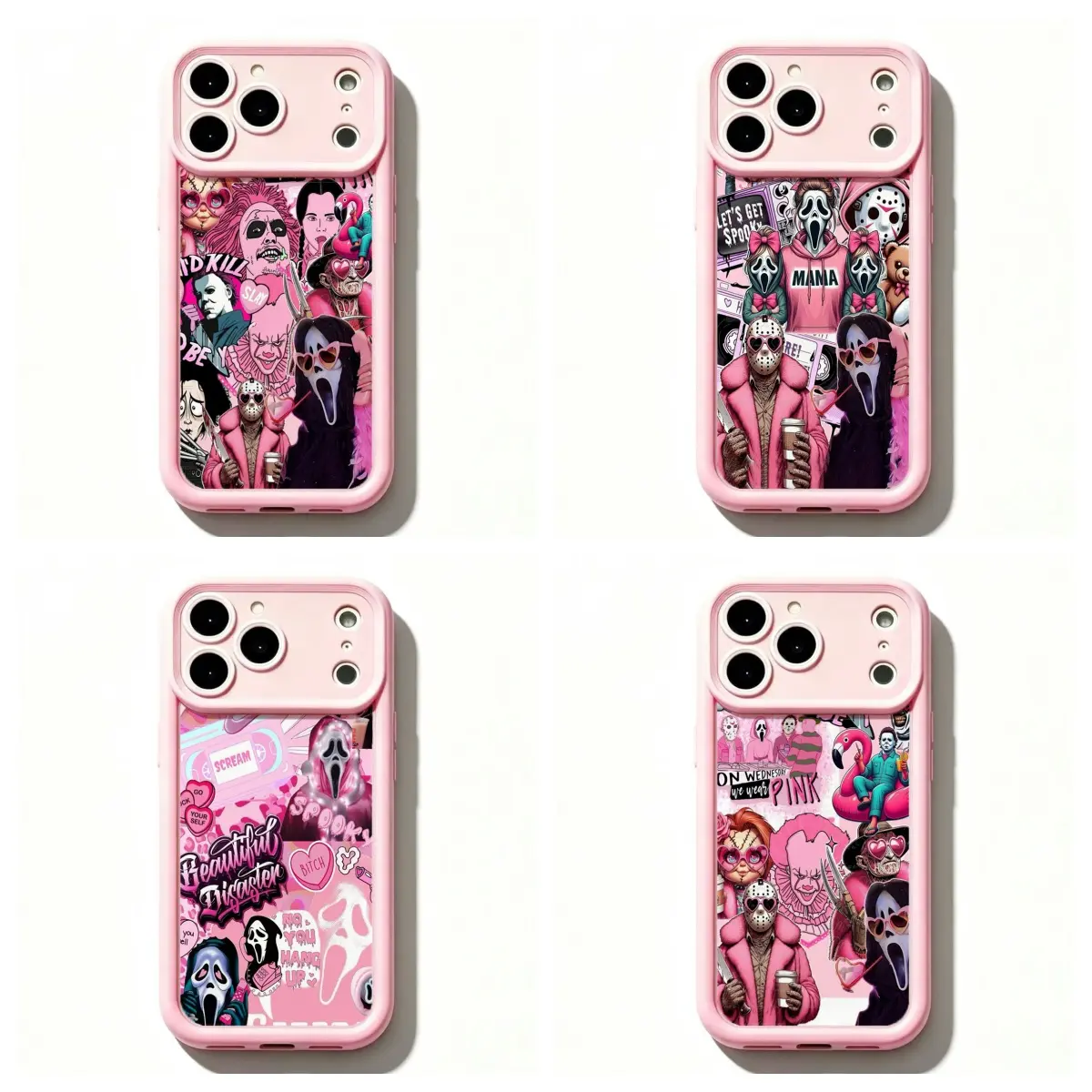 Spooky Mask 4 Styles Pink Coquette Halloween Collage Phone Case for iPhone 17 16 15 14 13 12 11 Air Mini Plus Pro Max Samsung S26 S25 S24 S23 S22 S21 Pastel Goth Soft TPU Shockproof Protective Cover Halloween Gift