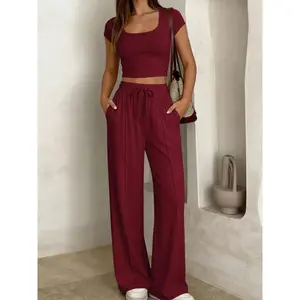 Womens Y2K 2 Piece Matching Set Drawstring Short Sleeve Top And Pants Casual Summer Two Piece Coordinated Outfit Loungewear For Ladies Daily Vacation Home Wear