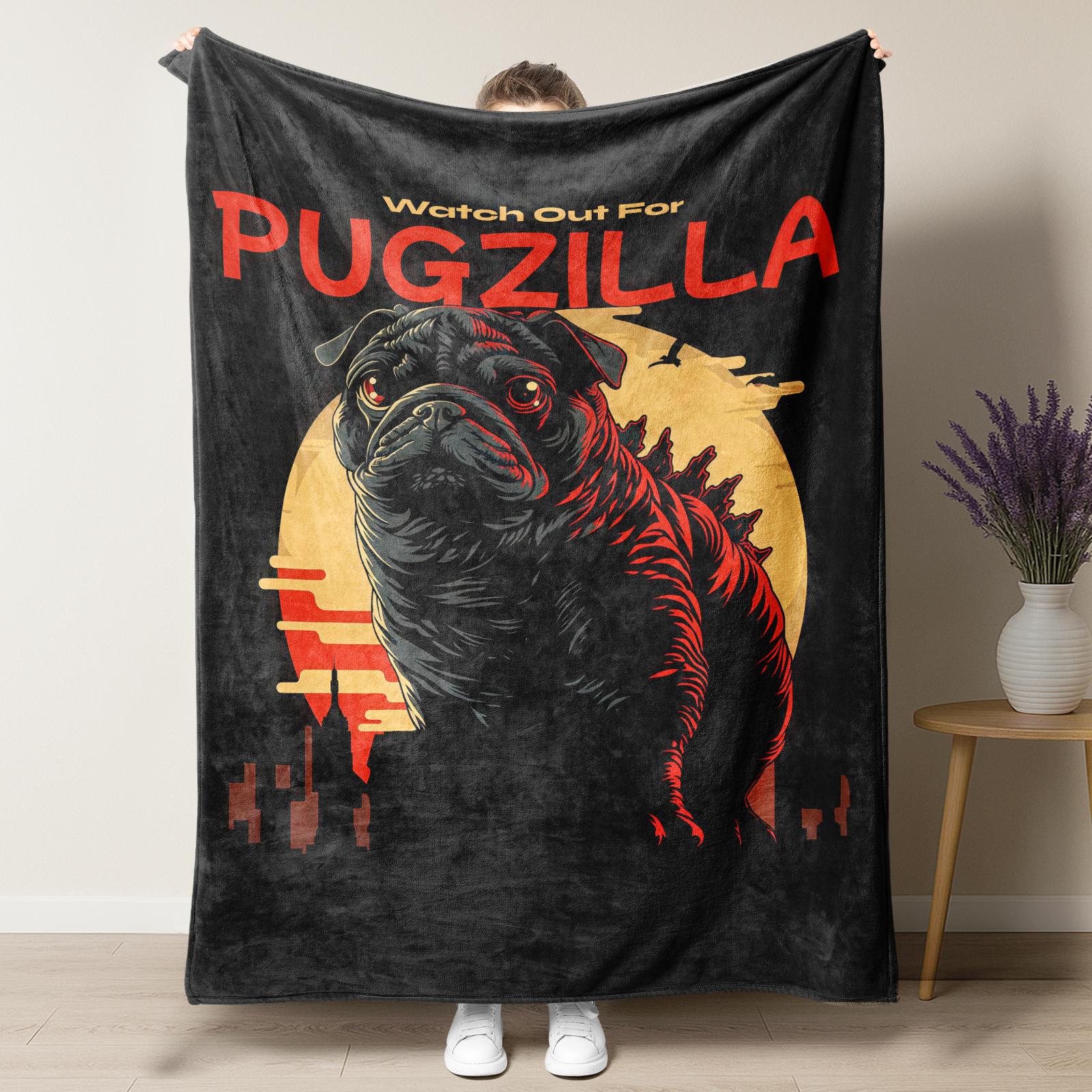 Pugzilla Catzilla "Godzilla" Meme Flannel Blanket,Viral Must-Have Retro Kaiju Monster Pug Throw Blanket,Super Soft Cozy Blanket for Pug Lovers,Trendy Retro Movie Themed Home Decor