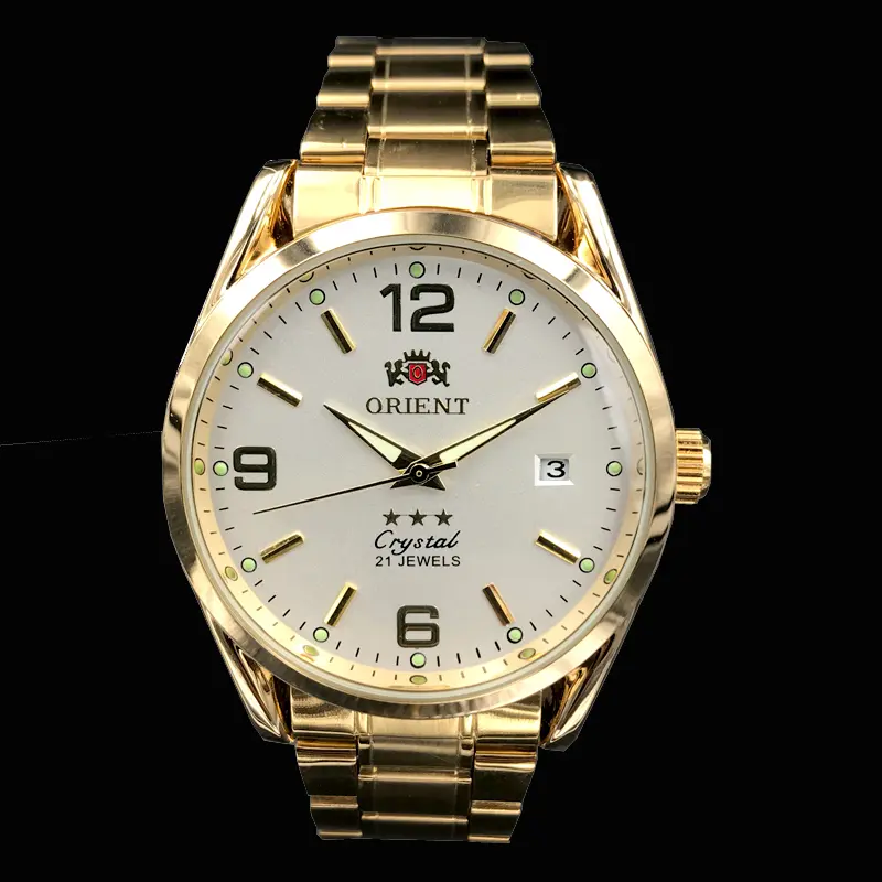 Ora Jewel Orient 3 Stars Double Lion Men's 21-Jewel Crystal Automatic Mechanical Watch, Full Gold Stainless Steel Bracelet, White Matte Luminous Dial, Date Window, Transparent Case Back, Vintage Business Dress Wristwat,Touch,Screen,Wate,tre,,,al,exq,f,tin