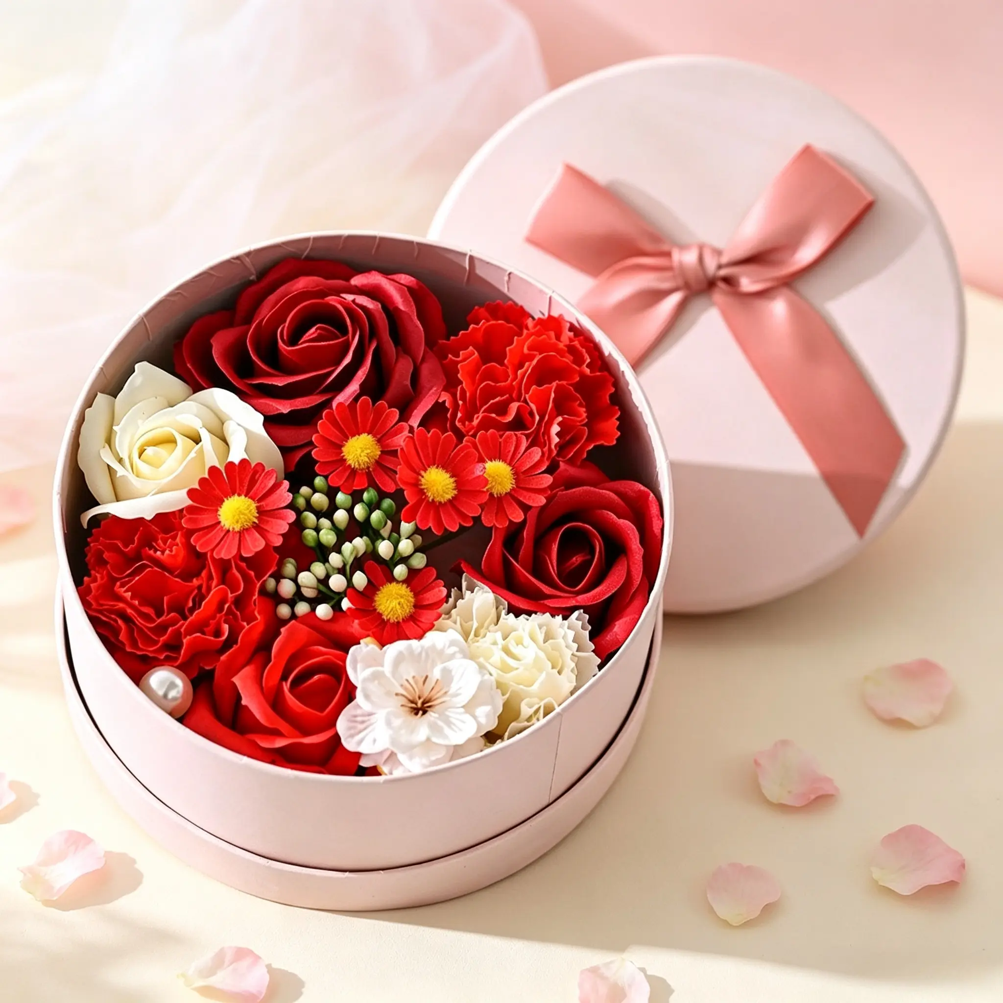 Girly mixed scented soap flower classy gift box with carnations & fresh daisies, mild long-lasting aroma and non-rotting permanent blooms. Elegant package, high-value creative surprise gift for girls on Valentine confession and birthday.