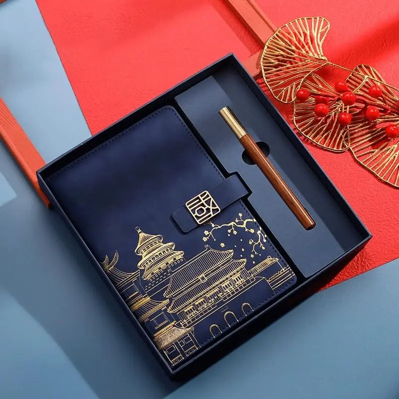 Chinese Style Notebook & Pen Set - Vintage Gold Foil Journal in Gift Box, Traditional Temple Print Writing Pad for Office School Business Gifts