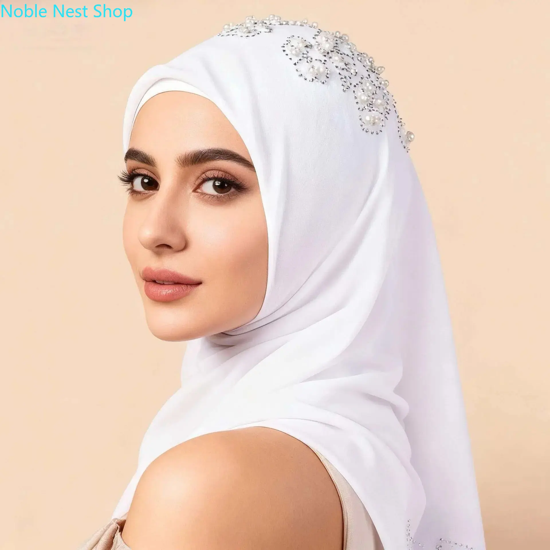 Embroidered Chiffon Shawl for Women, Elegant Soft Breathable Wrap with Pearl and Crystal Details for Weddings & Formal Parties, Crystals, Evening
