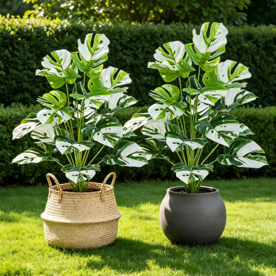2-Pack 28in Variegated Monstera Large High-Quality Artificial Albino Monstera Set, Faux Monstera Albo Variegata Tropical Palm for Home & Office Decor, Low Maintenance, All Seasons, Durable Plant