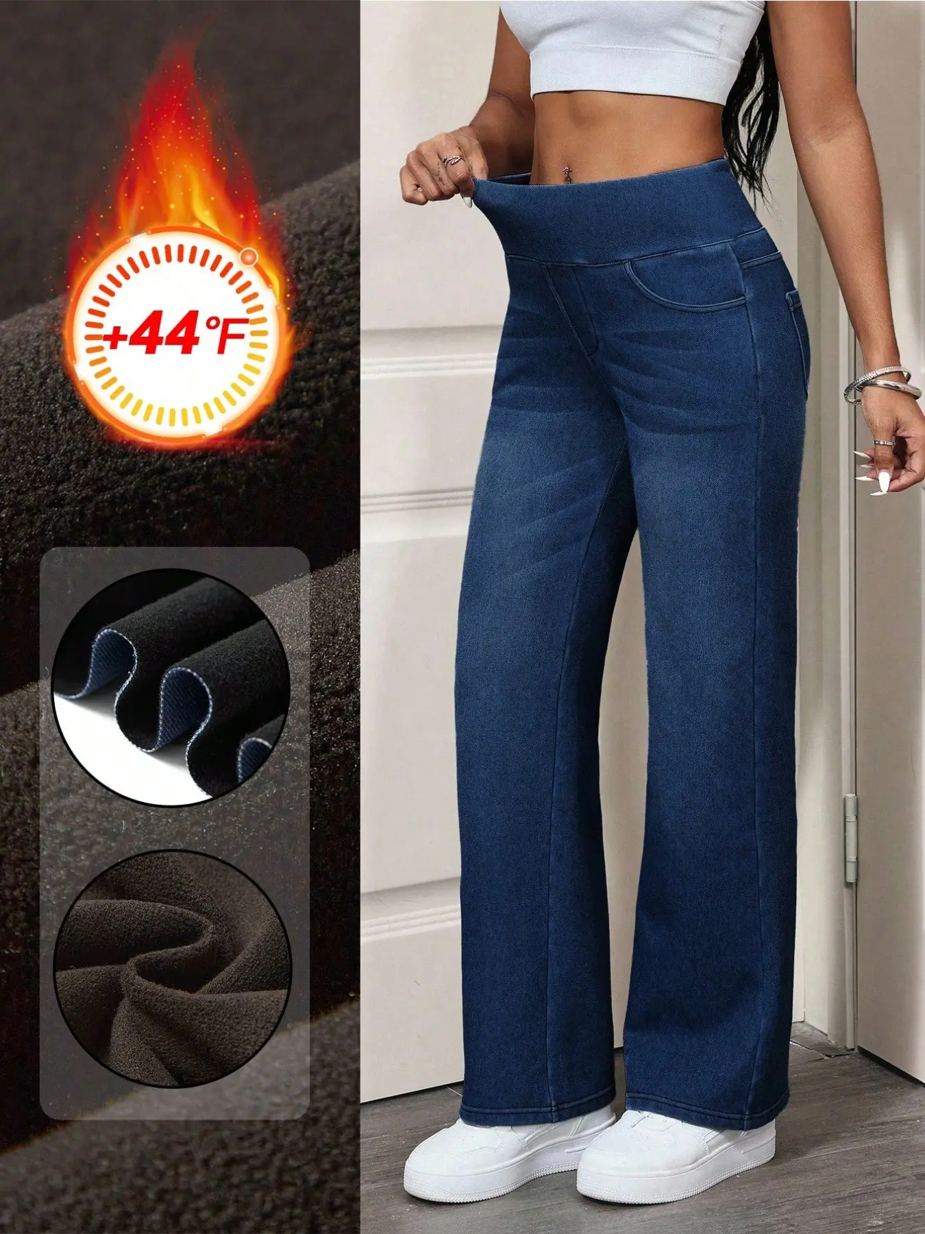 Women's Thermal Lined Elastic Waist Washed Denim Jeans, Essential Fall Winter Fleece Lined Stretch Jeans, Comfortable & Warm Denim Jeans for Cold Weather, Perfect for Daily Wear