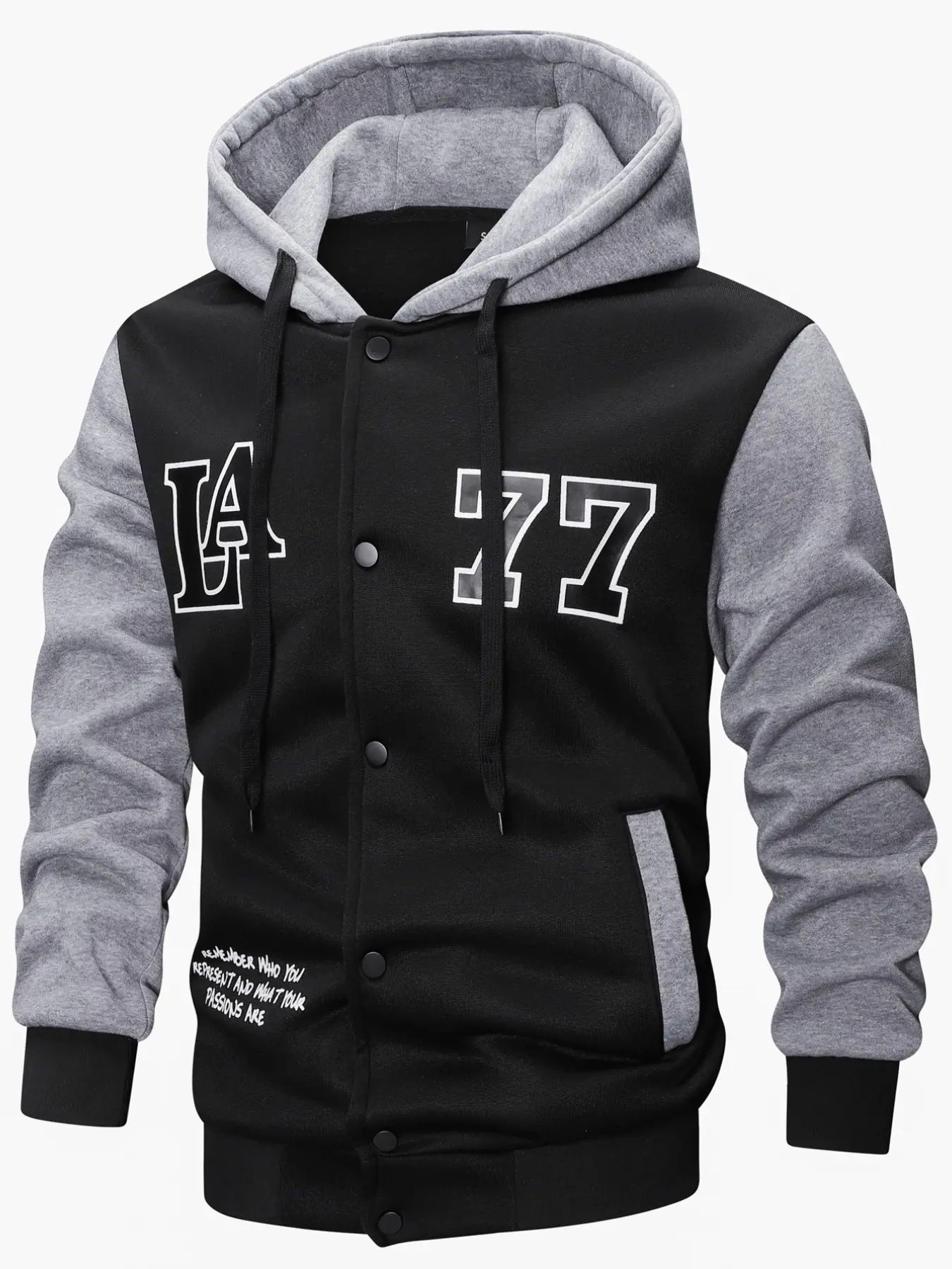 American LA letter printed hooded baseball jacket, black and gray contrasting splicing jacket, hooded long sleeved top, street fashion brand male and female couple style student daily commuting casual hooded baseball jacket, Casual Functional Outerwear