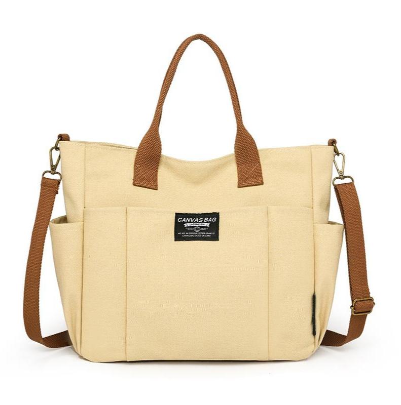 2026 Trendy Preppy College Canvas Tote - Solid Color Multi-Pocket | Secure Zipper Large Capacity | Convertible Shoulder/Crossbody | Fall Outfits & Thoughtful Gift Must-Have