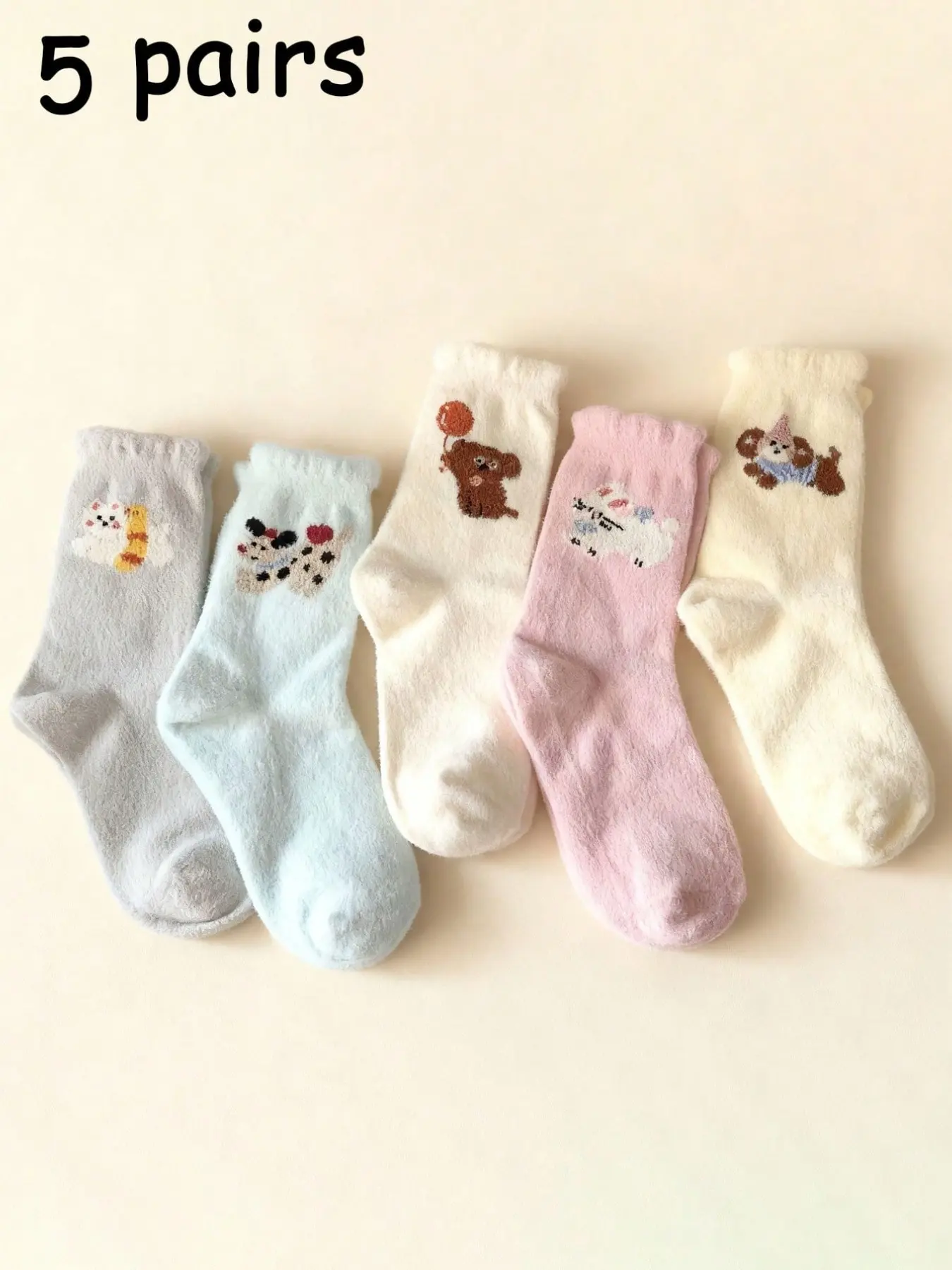 5 Pairs Random Fluffy Fuzzy Animal Embroidery Crew Socks, Pastel Cute Puppy Kitten Graphic Stackable Mid Calf Socks, Soft Elastic Cozy Casual Socks for Teen Girls Women Home Daily Sweet Outfits