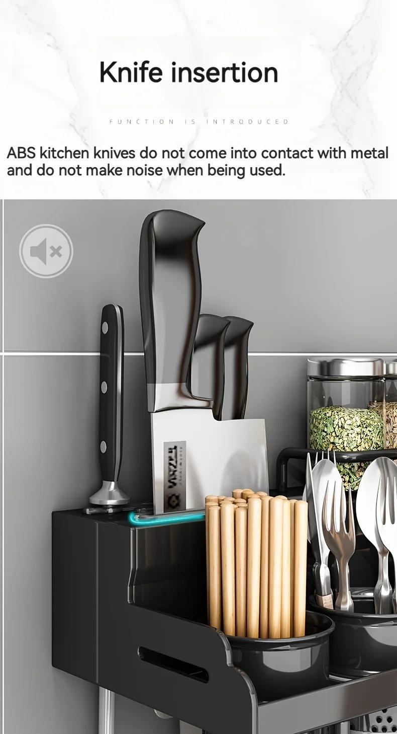 Double-layer Kitchen Spice Knife Storage Rack For Home Storage Decoration 7.68 inches width Wall-mounted Multifunctional Holder Punching-free Storage Organizer With Chopsticks Towel Rail and Utensil Hook