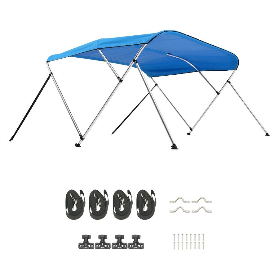 VEVOR 3 Bow Boat Bimini Tops, 600D Polyester Canopy with Aluminum Alloy Frame, Waterproof Sun Shade Boat Awning Canopy with Storage Bag, 2 Support Poles, 4 Straps, 6'Lx(54-60)Wx46H, Pacific Blue
