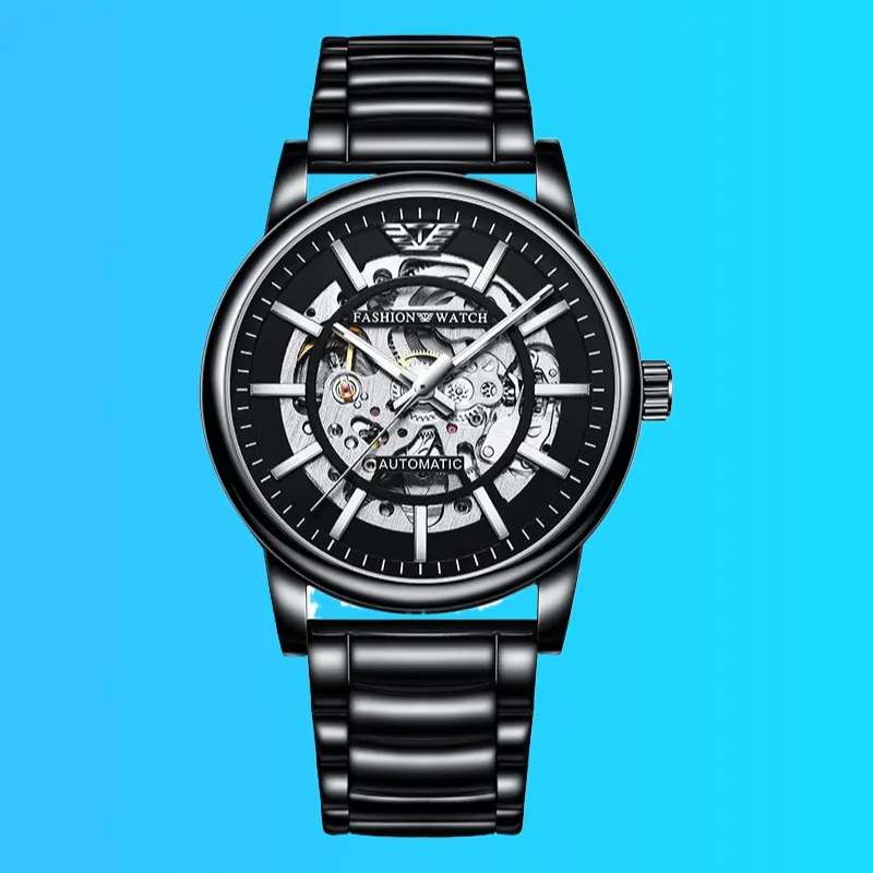 Men's Automatic Mechanical Skeleton Watch Luminous Waterproof Black Warrior Style Stainless Steel Band
