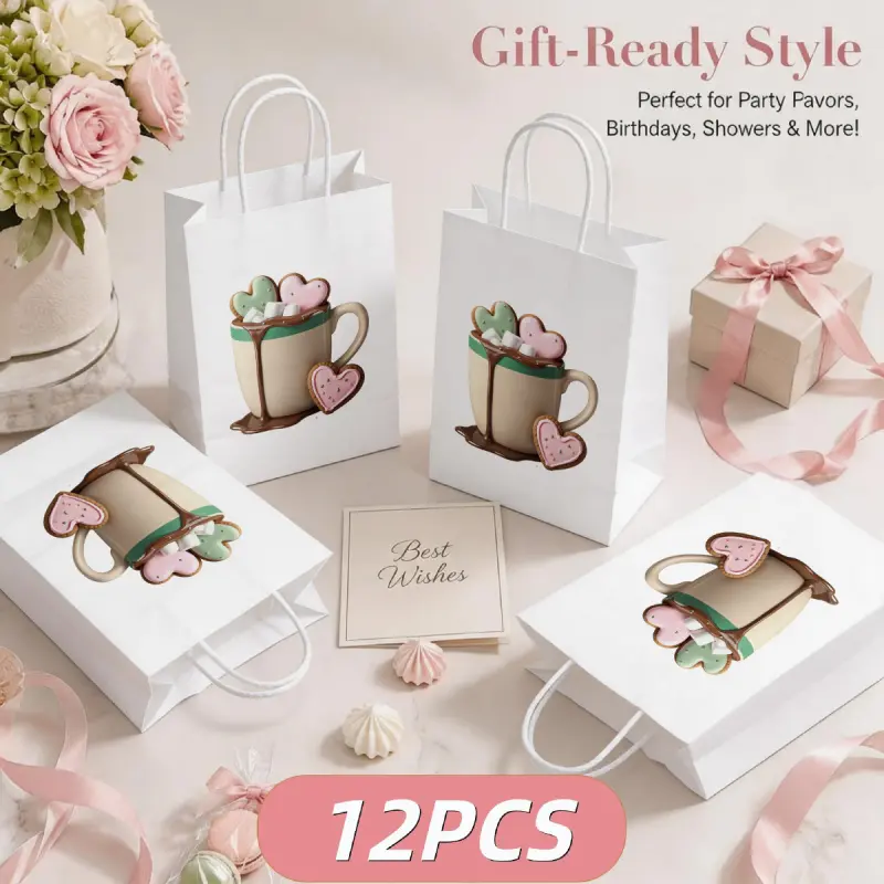 Set of 12 gift bags, exquisite and ready for direct gifting, featuring a hot chocolate mug design with heart-shaped marshmallows, equipped with sturdy white handles, suitable for party favors, birthdays, baby parties, weddings, and special events. Dimensi
