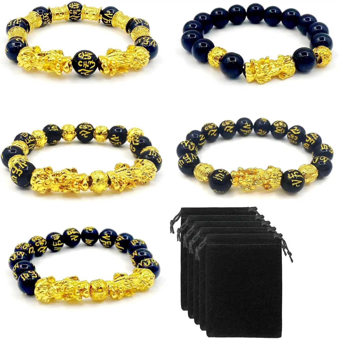5 count set Feng Shui  Luck Bracelets 12mm for Men Women Chinese Fengshui Lucky Bracelet with Pixiu Dragon  Attracts  Luck Wealth