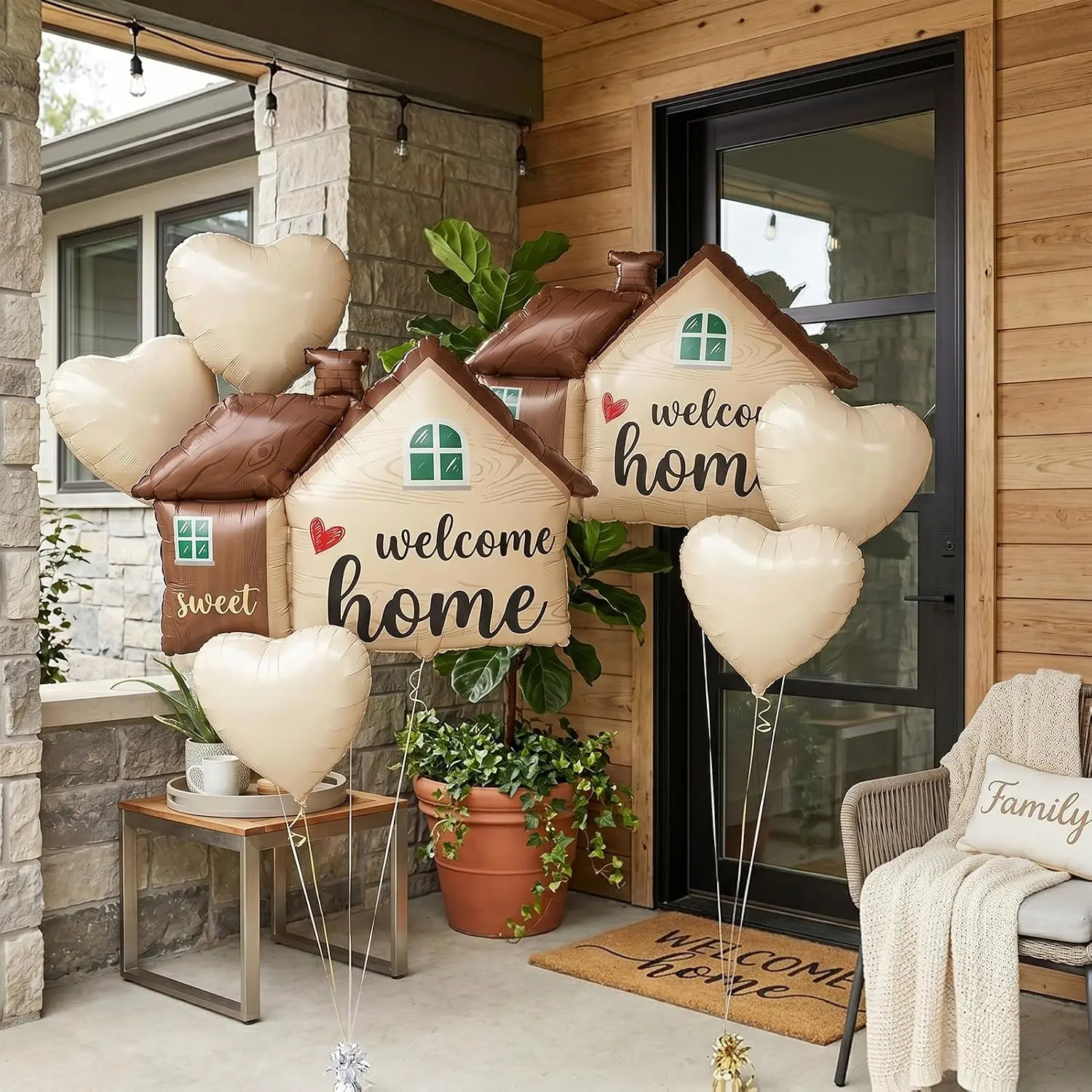 Welcome Home Foil Balloons 8 Pcs Home Sweet Home Decor Kit |   Housewarming Party Decorations Includes Large Wood Style House Balloons and Cream Hearts for Family Moving Celebration