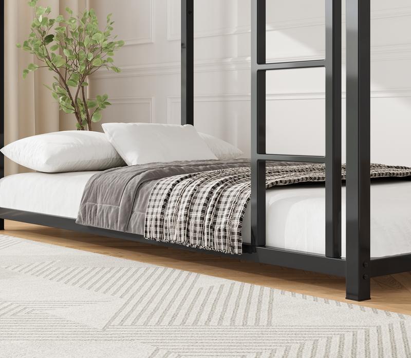 Twin Over Twin Metal Bunk Bed, Low Bunk Bed with Ladder, Black, Sturdy Steel Construction, Safe Design, Easy Assembly, 250lb Upper Bed Capacity, 350lb Lower Bed Capacity