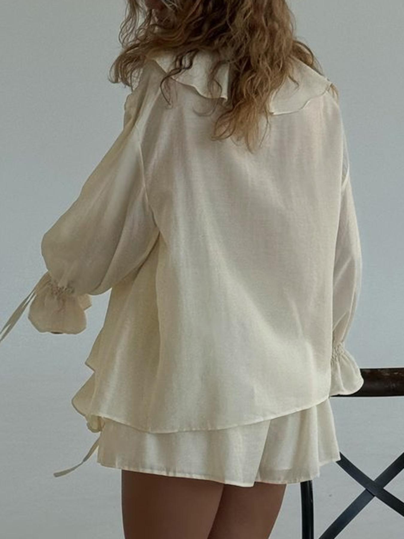 Women's Solid Ruffle Trim Blouse & Shorts Two-Piece Set, Casual Bishop Sleeve Long Sleeve Top & Shorts for Daily Wear, Ladies Two-piece Outfits for Summer