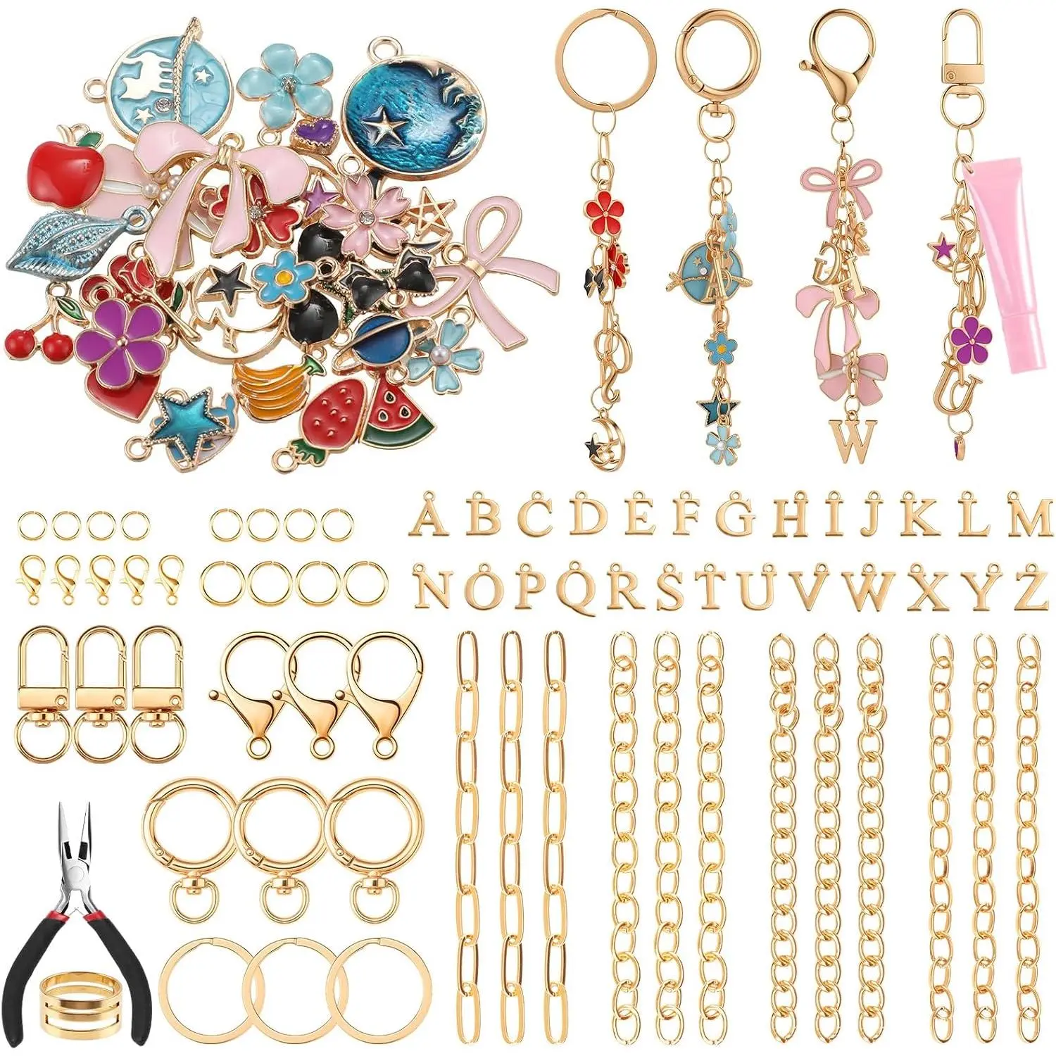 230 count  Making Kit with Letter Charms & Lip Gloss Holders | 230- Diy Set, Alloy Metal Hardware, 26 Letter Charms, 33 Colored Pendants, Beginner-Friendly Crafting