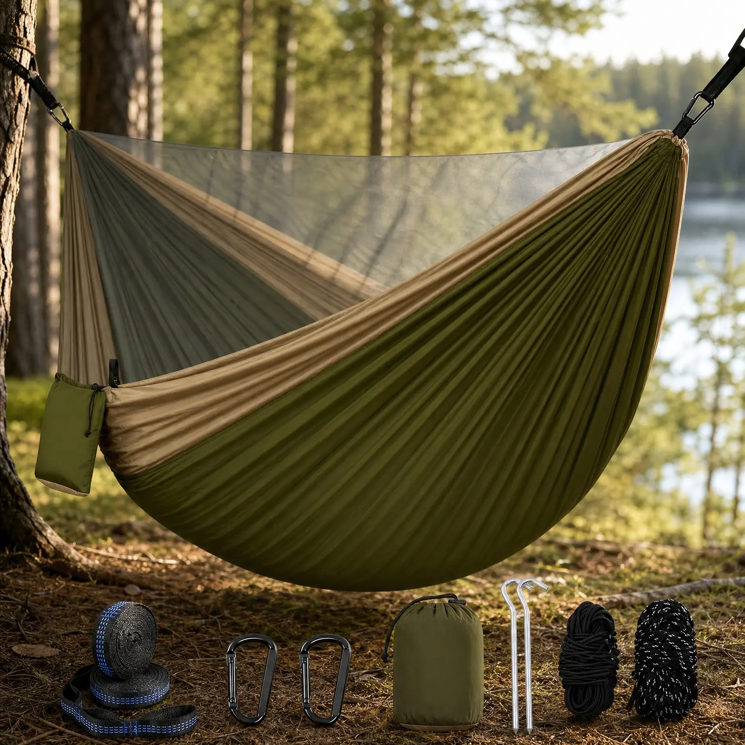 Camping Hammock with Mosquito Net - Lightweight Nylon Parachute Hammock with 10ft Tree Straps, Portable Travel Hiking Backpacking Beach Patio Gear, Green & Khaki