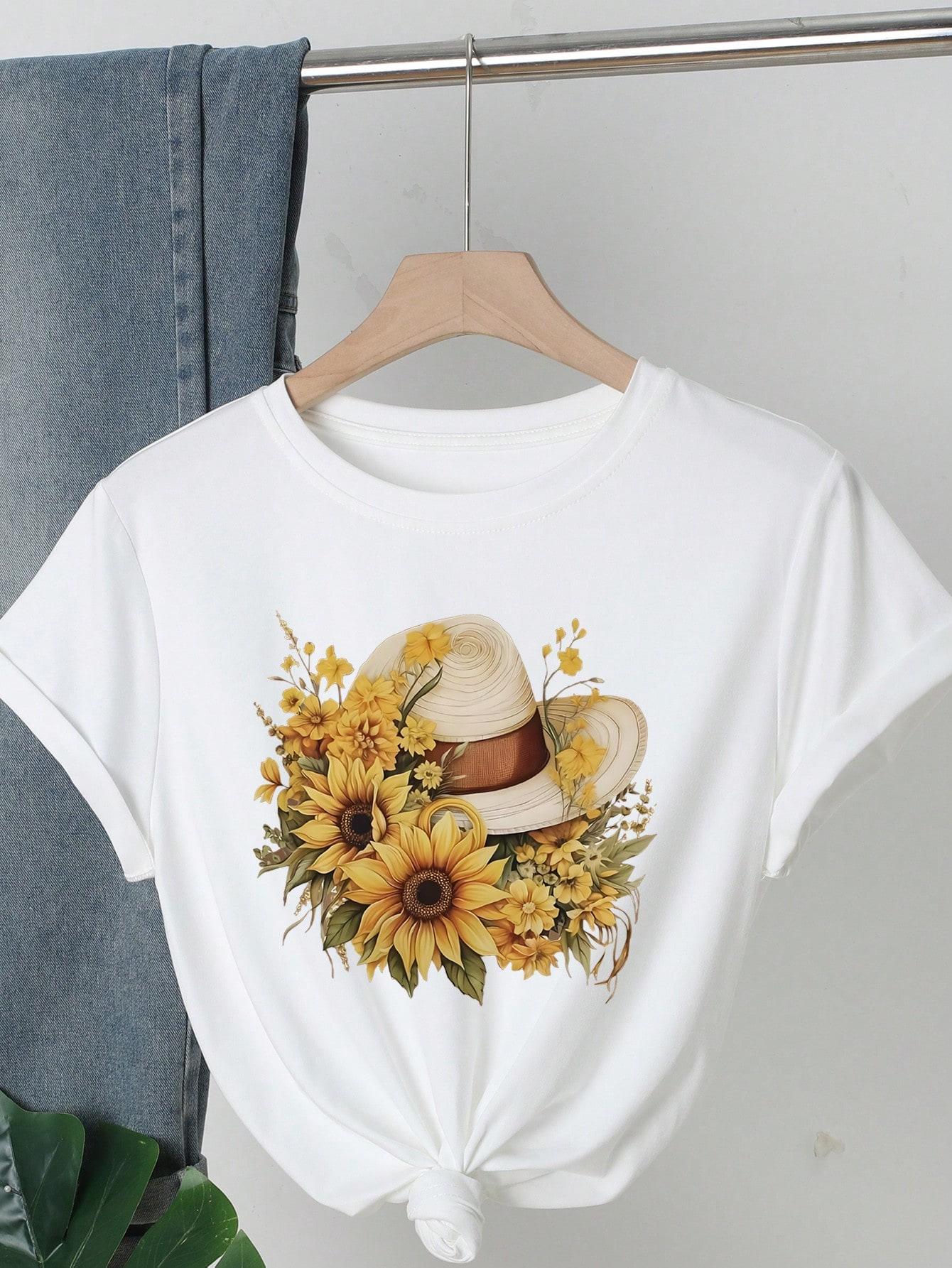 Sunflower Print Round Neck T-Shirt, Casual Loose Fit Short Sleeve Tee Top For Women, Summer